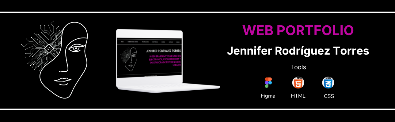 Image of Jennifer Rodriguez Torres' web portfolio, includes her logo and a white computer displaying the portfolio site. Created using Figma, HTML, CSS, and JS.